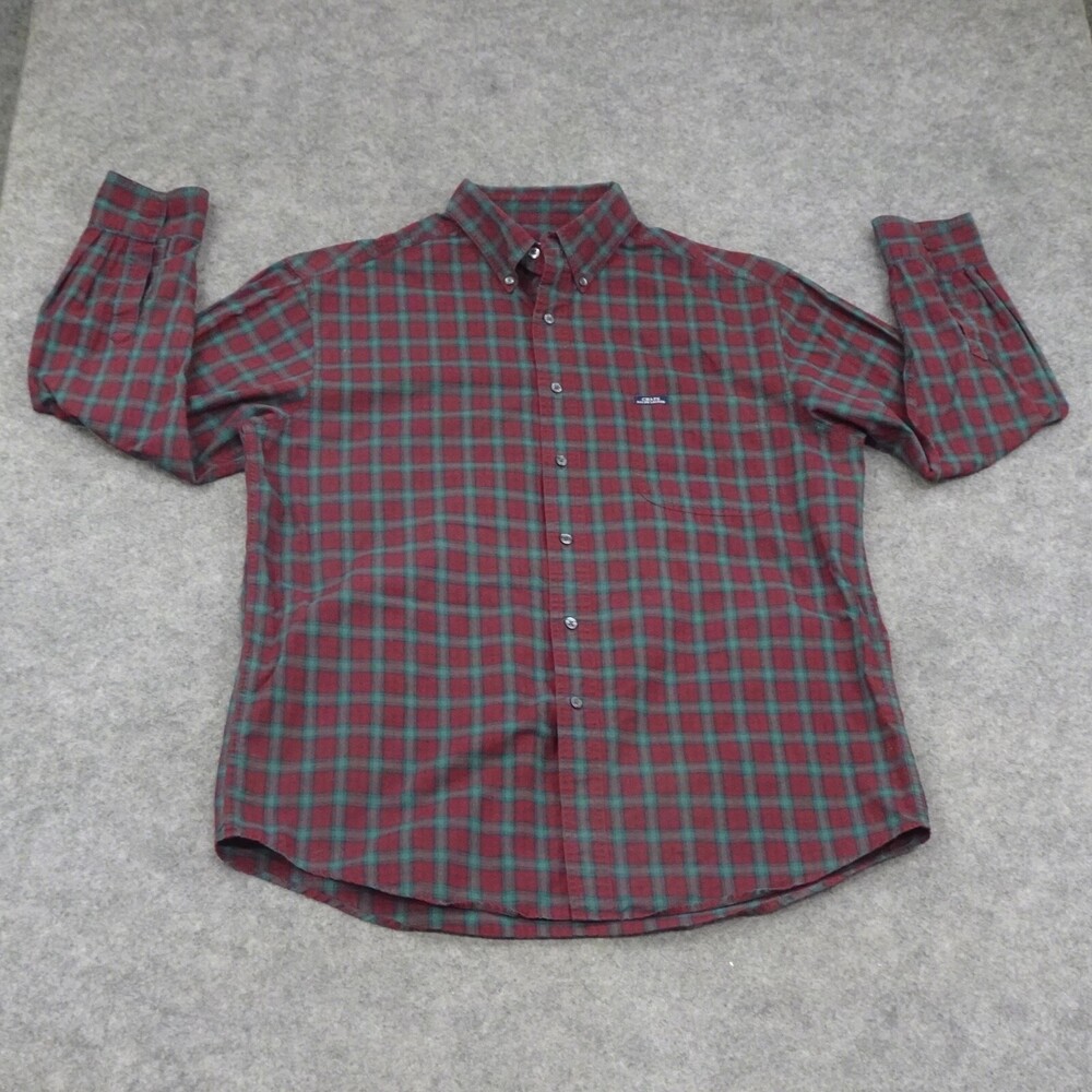 Chaps Shirt Mens Large Button Up Red Long Sleeve Plaid Green Pocket Logo